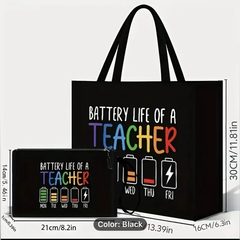 2 Piece NIP “Battery Life of a Teacher” Tote and Pouch Set - Picture 2 of 3